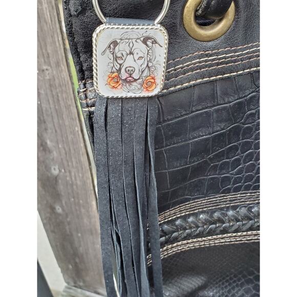 Handmade boho Pitbull lover Leather Fringe Western bag charm Long keychain - Picture 1 of 3